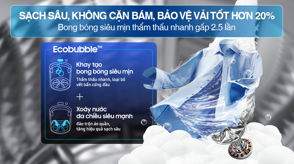  Máy Giặt Samsung Cửa Trên WA40F12E4CSV 12.5kg sở hữu công nghệ Eco Bubble đánh tan hoàn toàn xà bông mà không cần đến nước nóng